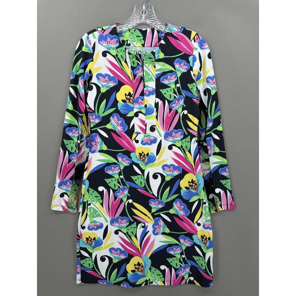 IBKUL Dress XS Multicolor Floral Long Sleeve Knit Shift Zip Tropical Tennis Golf